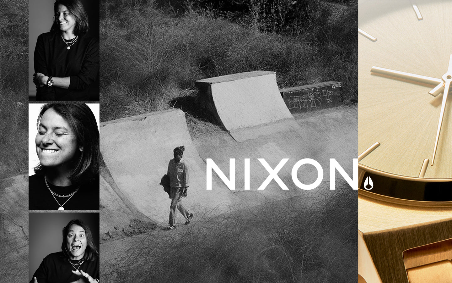 Nixon promotional image with Nixon female athletes, a skatepark and a gold Nixon Time Teller analog watch