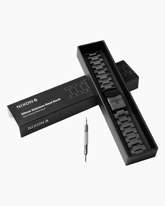 Replacement stainless steel watch bracelet from Nixon, including necessary tools