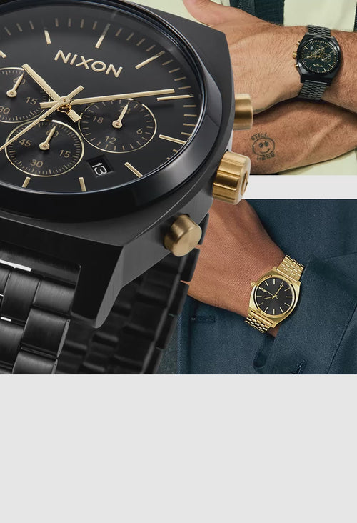 Man wearing two versions of the Nixon Time Teller with a larger close up of the Time Teller overlaid
