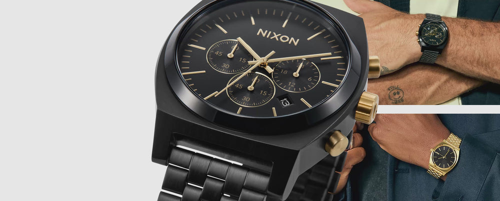 Man wearing two versions of the Nixon Time Teller with a larger close up of the Time Teller overlaid